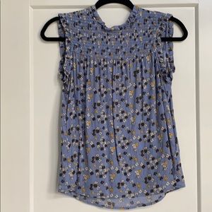 Smocked ruffle neck floral sleeveless blouse